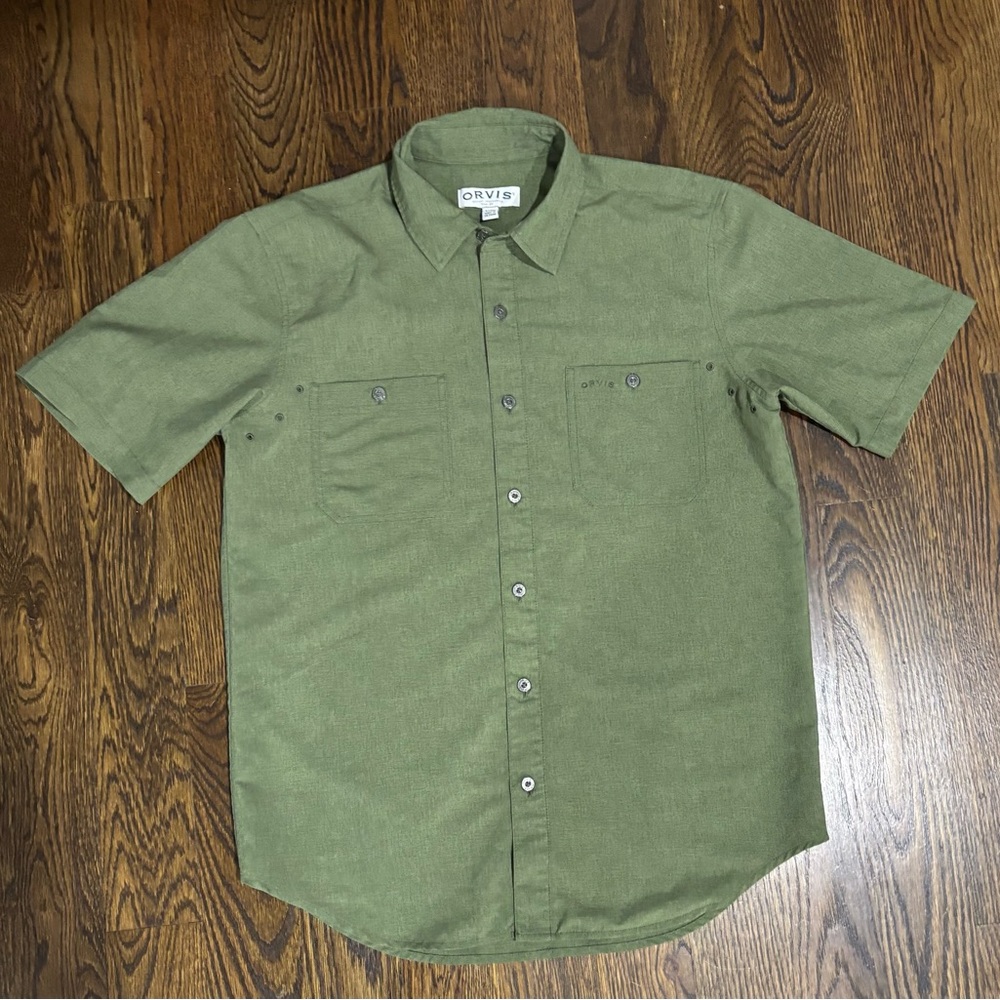 Orvis Men's Olive Green Short Sleeve Cotton Button-Up Shirt Collared Size S